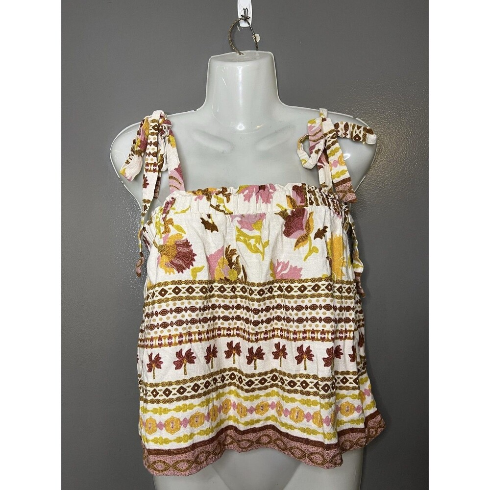 Good Luck Gem Tank Top Womens Medium White Floral Tie Strap Boho Cami Summer